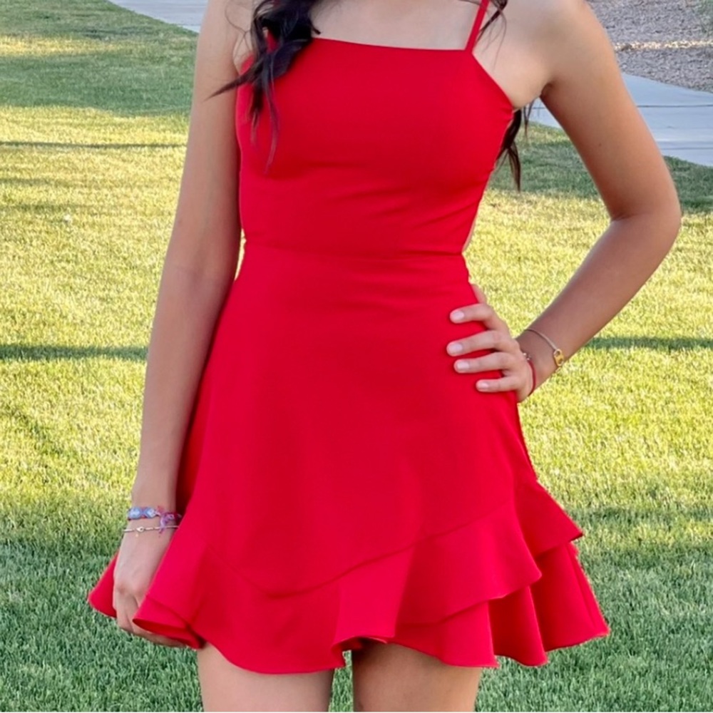 Red Ruffled Spaghetti Strap Mini Sundress - Picture 6 of 7
